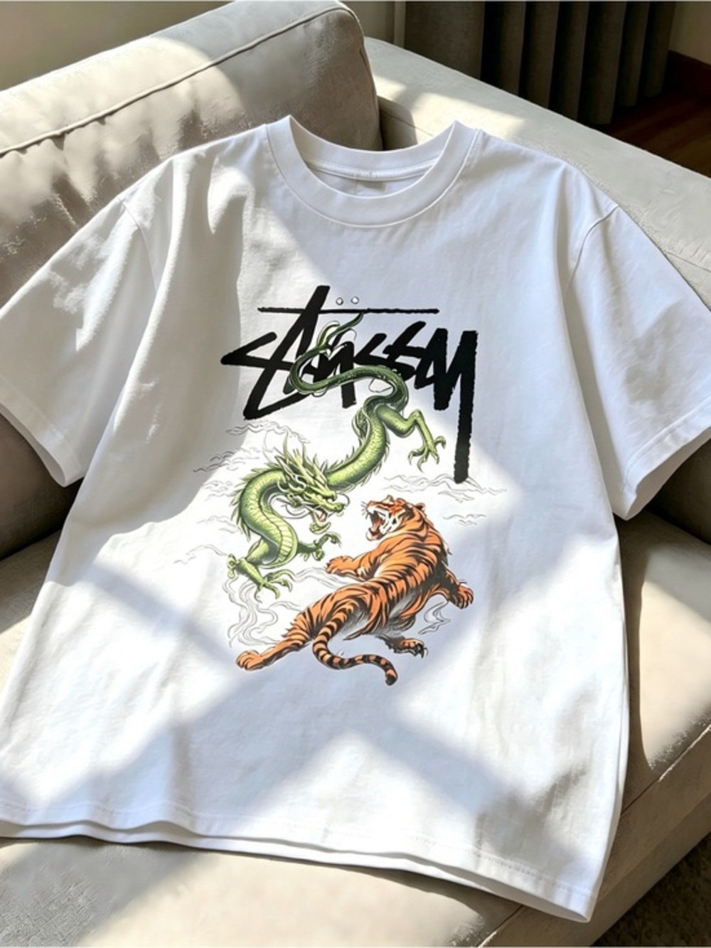 Stussy White Dragon & Tiger Graphic Tee